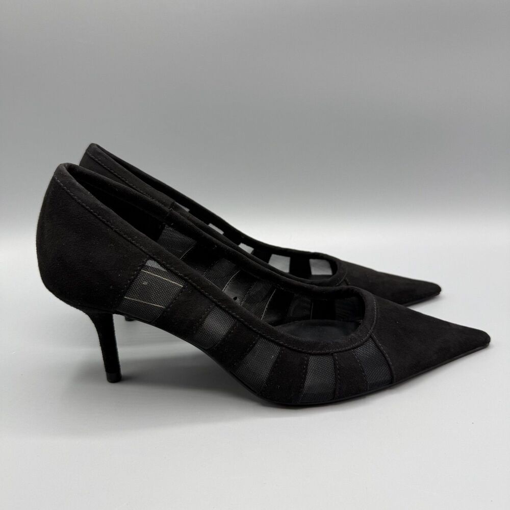 Zara Black Kitten Heels Pointed Toe Mesh Stripe Detailing Size EU 40 US 9